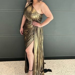 leena for Mac Duggal antique gold Grecian gown